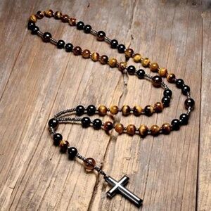 New! Men's Natural Tiger Eye Round Beaded Long Hematite Cross Necklace